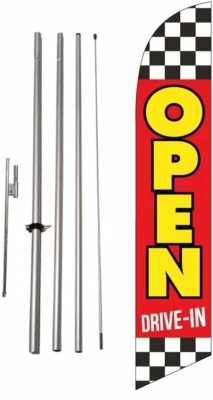 FFN Open Drive-in Advertising Feather Banner Swooper Flag Sign with Flag Pole Kit...