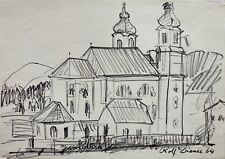 Zeichnung Impressionist NR38 Rolf Diener Hamburg Landschaft mit Kirche 1964