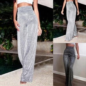 Women's Wide Leg Sequins Pants Trousers Club Glitter Shiny Party Casual Fashion - Picture 1 of 30