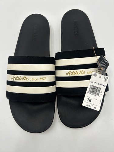 NUOVO Adidas Adilette Comfort Nero Bianco Slides Uomo Taglia 18 Nuovo senza scatola