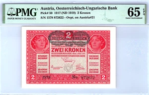 Austria 2 Kronen 1917 (1919) Pick# 50  PMG 65 EPQ Gem Unc Banknote - Picture 1 of 13