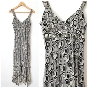 Vtg Y2K Trixxi Fairy Midi Dress Size 3/4 Ruffle Asymmetric Geometric Cream Black - Picture 1 of 19