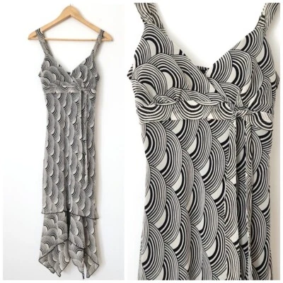 Vtg Y2K Trixxi Fairy Midi Dress Size 3/4 Ruffle Asymmetric Geometric Cream Black - Image 1 of 4