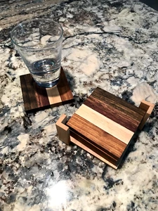 4 Exotic Wood Coaster Set w Stand - Picture 1 of 2