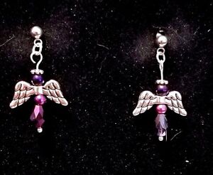 Silver & Purple Crystal Angel Wing Dangle Earrings Silver Plate Studd Findings