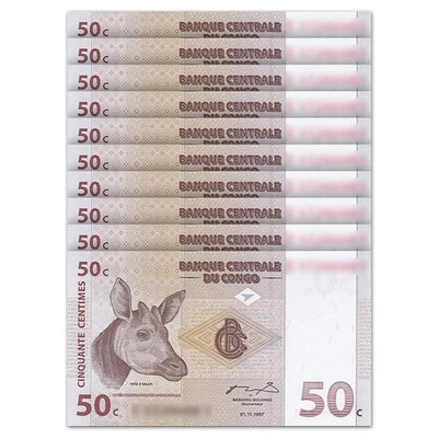 Congo Democratic Republic 50 Cent, 1997, Pick#84, Lot of 10 pcs, UNC - Image 1 of 2