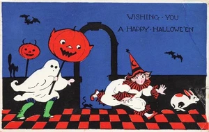 BRIGHT-COLORS GIBSON 1922 Postcard HALLOWEEN J-O-L-GHOST CHASES CLOWN & RABBIT - Picture 1 of 2