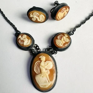Set cammeo vintage orecchini conchiglia intagliati a mano collana argento 800 non proprio sterling - Foto 1 di 12