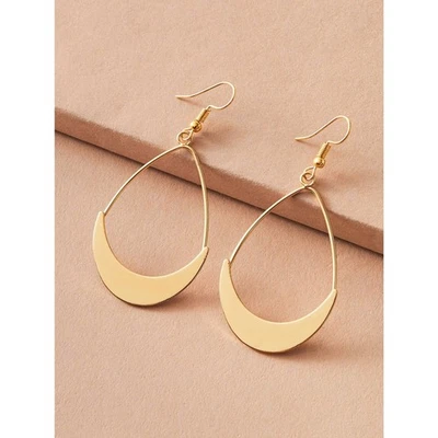 Crescent Moon Gold Drop Earrings Dangle Teardrop Open Pendant Boho Hoop Lghtwght - Image 1 of 4