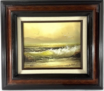 D. Lan Meereslandschaft Ölgemälde Vintage Ozean Welle Sonnenuntergang Möwen Kalifornien MCM - Bild 1 von 4
