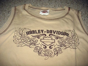 Womens M Harley Davidson knit shirt, tan w. brown logo, sleveless. flower design - Picture 1 of 3
