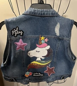 Girls Custom Unicorn Distressed Denim Vest Size L - Picture 1 of 2