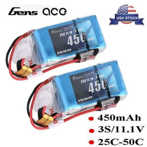 2x Gens Ace 450mAh 11.1V 25C 3S Lipo RC Airplane Battery Pack With JST Plug - Picture 1 of 7