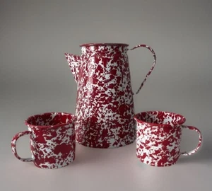 Vintage Red & White Splatter Enameled 3 Pc Tea/Coffee Pot 2 Cups READ - Picture 1 of 17