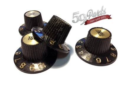 AGED GIBSON SG WITCH HAT KNOBS BLACK/GOLD RELIC 59 PARTS US SIZE, SET of 4
