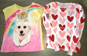 2 girls PAJAMA TOPS SLEEP WEAR size 7 CATS SHORT SLEEVE 8 HEARTS LONG CUTE! - Picture 1 of 1
