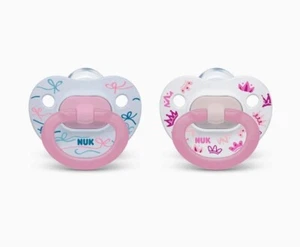 NUK 2 Pack Orthodontic Pacifier- Girl Pink Crowns And Bows 18-36M NEW - Picture 1 of 7