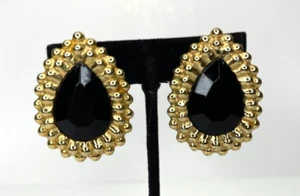 Vintage Gold Tone Clip-On Earrings Black Faceted Rhinestone Teardrop Shape - Picture 1 of 6