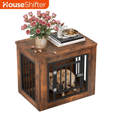 27" Iron Dog Crate Side Pet Kennel Brown Wooden Cage Single Door Hutch Chewproof - Image 1 of 4