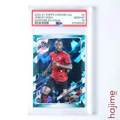 2020-21 Topps Chrome UCL Jeremy Doku Sapphire Edition Aqua #2 PSA 10 Rookie RC - Image 1 of 2