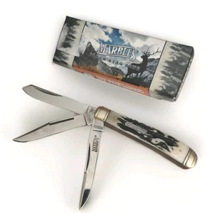 Marbles MR481 Black Stag Bone 3 Blade Serpentine Trapper Pocket Knife Folder   - Picture 1 of 8