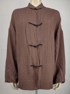 复古 Eileen Fisher 棕色黑色羊毛混纺青蛙闭合衬衫女式中号 — 第 1/4 张图片