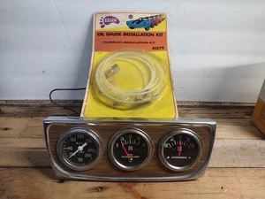 Vintage Woodgrain Triple Gauges Stewart Warner AMP Oil Temp 60s 70s New Oil Line - Foto 1 di 7
