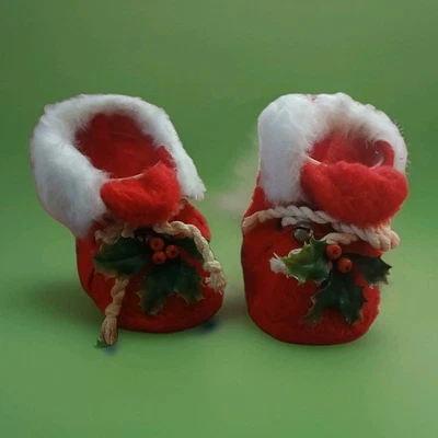 2 1960s Santa Boot Shoe Christmas Decoration Faux Fur Kitchy - Image 1 of 3