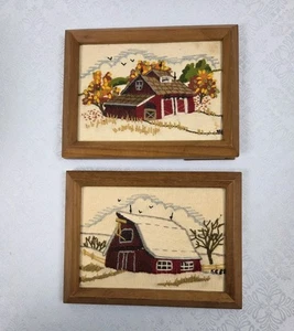 2 Vintage Nadelspitze Kreuzstich gerahmt Red Barn Kreuzstich Crewel 7"x9" - Bild 1 von 4