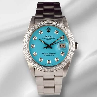Rolex Date 34 mm Damas 1.5ct Bebé Azul Diamante Dial Acero Oyster Reloj 15000 Foto 1 de 4