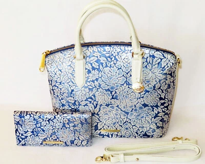 BRAHMIN Rare AQUARIUS STRATFORD FROSTED BLUE/SILVER ROSES Med DUXBURY and WALLET - Image 1 of 4