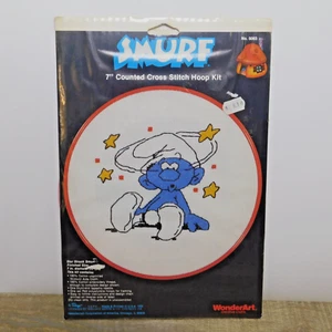 Vintage 1983 WonderArt SMURF Star Struck 7" Counted Cross Stitch Hoop Kit 5063 - Picture 1 of 6