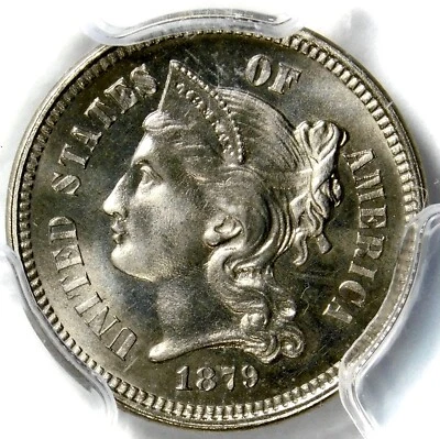 🇺🇸🌚🤍🌚❤️‍🔥😎PCGS PR66 1879 3 CENT NICKEL - Image 1 of 3