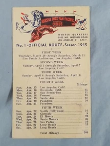 Vtg 1945 RUSSELL BROS Pan Pacific CIRCUS ROUTE Card #1 - Picture 1 of 2