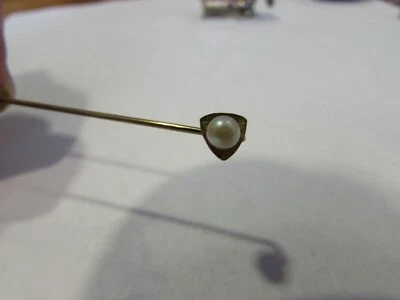 Vintage 2" long stick pin broach brooch dainty faux pearl on goldtone - Image 1 of 4