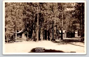 POSTKARTE RPPC-HÜTTEN IN DEN KIEFERN ZEPHYR COVE STRAND LAKE TAHOE NEVADA - 1938 - Bild 1 von 2