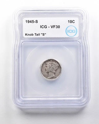 1945-S Mercury Dime Mint Error Knob Tail "S" VF30 ICG *1621 - Image 1 of 3