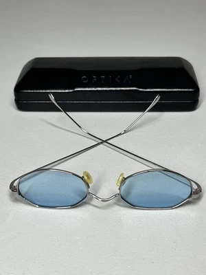 VTG Optica Geometric Wire Frame Sunglasses Silver Tone Metal Blue Lens + Case - Image 1 of 4