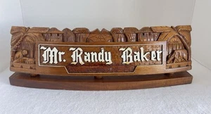 Mr. Randy Baker Desk Plaque Name Hand Carved Monkey Wood Vtg Historical 16.5" L - Picture 1 of 10