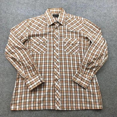 Vintage JCPenney Shirt Mens Large Brown Orange Plaid Western Pearl Snap 70s - Image 1 of 4
