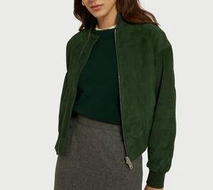 Womens Leather Jacket Green Bomber Pure Suede Jacket Size S M L XL XXL - Picture 1 of 6