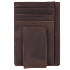 Cartera marrón delgada con clip para dinero para hombre - cuero de vaca de grano completo, cargador fuerte... - Imagen 1 de 8
