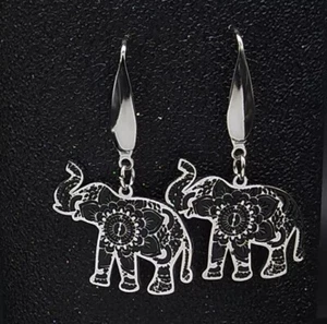Elephant Stainless Steel Dangle Earrings Mandala Design Never Fade - Picture 1 of 4