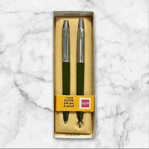 Parker Jotter Ballpoint Pen & Pencil Set Green & Silver Brass Cap Boxed Usa - Picture 1 of 4