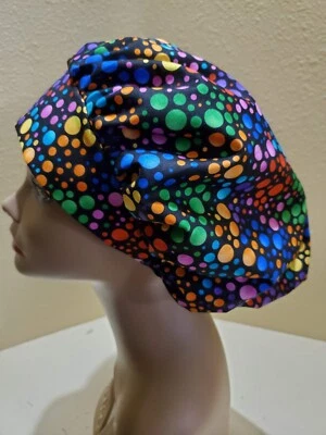 Dots Multi (black) NC Women's Bouffant Surgical Scrub Hat/Cap Handmade - Image 1 of 3