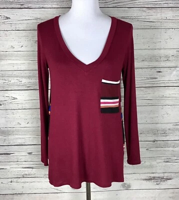 Top tejido Ezra para mujer color borgoña a rayas en contraste manga larga espalda cuello en V talla S Foto 1 de 4