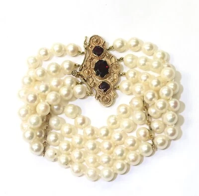 14k yellow gold Natural Garnet .18ct Diamond pearl Bracelet 48.4g multi strand - Image 1 of 4