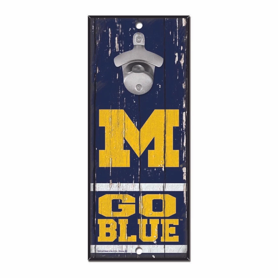 Michigan Wolverines  BOTTLE OPENER SIGN 5"X11" HARDBOARD W/ CAST METAL OPENER - Image 1 of 1