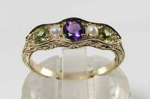 LUSH 9CT 9K GOLD SUFFRAGETTE AMETHYST PERIDOT PEARL ETERNITY ART DECO INS RING - Picture 1 of 5