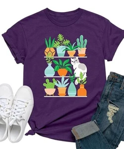 Instant Message Womens Purple Succulents Cat Shelves Boyfriend Tee Women Size M - Picture 1 of 3